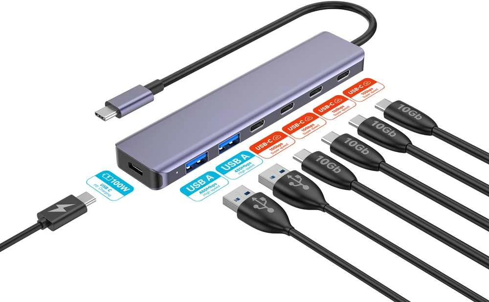 Platinet 7-in-1 USB-C šakotuvas su laidų schemos iliustracija