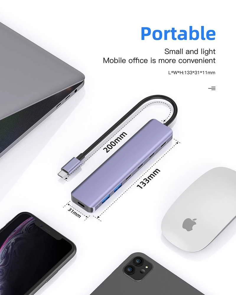 Platinet USB šakotuvas PLATINET medijos šakotuvas USB-C į 4X USB-C 3.2 GEN2 + 2X USB-A 3.2 GEN1 + 1X USB-C PD 100W 7IN1 ALIUMINIS [46236]