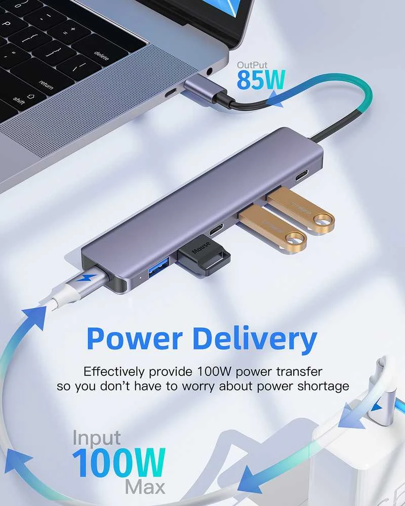 Platinet USB šakotuvas PLATINET medijos šakotuvas USB-C į 4X USB-C 3.2 GEN2 + 2X USB-A 3.2 GEN1 + 1X USB-C PD 100W 7IN1 ALIUMINIS [46236]