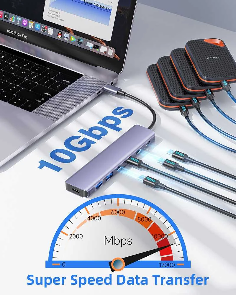 Platinet USB šakotuvas PLATINET medijos šakotuvas USB-C į 4X USB-C 3.2 GEN2 + 2X USB-A 3.2 GEN1 + 1X USB-C PD 100W 7IN1 ALIUMINIS [46236]