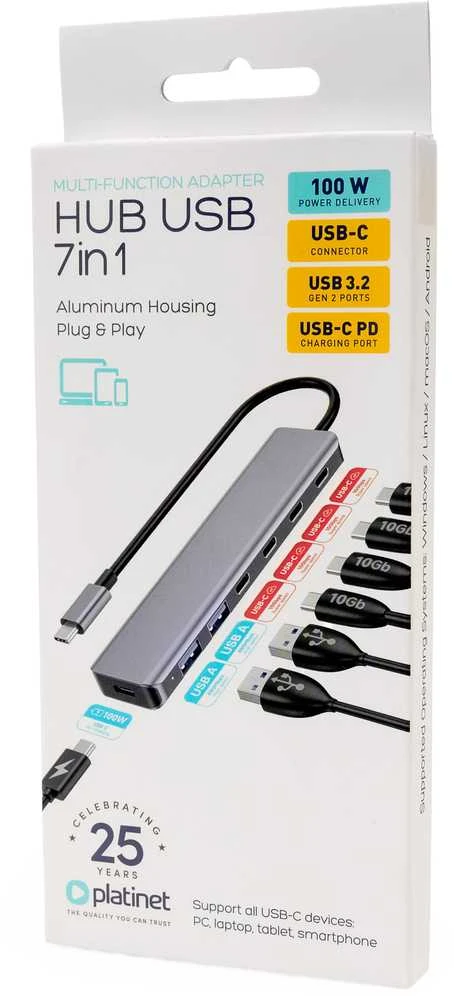 Platinet USB šakotuvas PLATINET medijos šakotuvas USB-C į 4X USB-C 3.2 GEN2 + 2X USB-A 3.2 GEN1 + 1X USB-C PD 100W 7IN1 ALIUMINIS [46236]