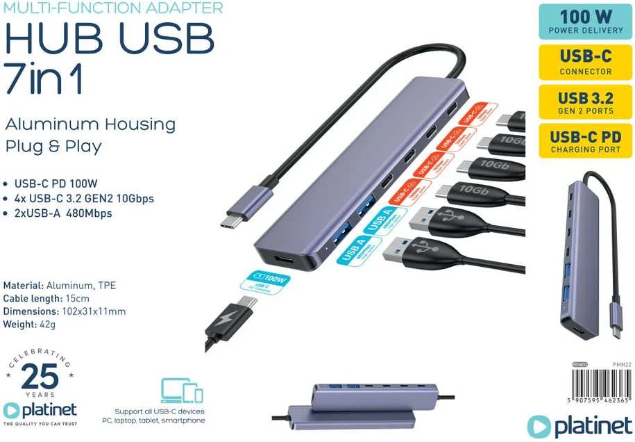 Platinet USB šakotuvas PLATINET medijos šakotuvas USB-C į 4X USB-C 3.2 GEN2 + 2X USB-A 3.2 GEN1 + 1X USB-C PD 100W 7IN1 ALIUMINIS [46236]