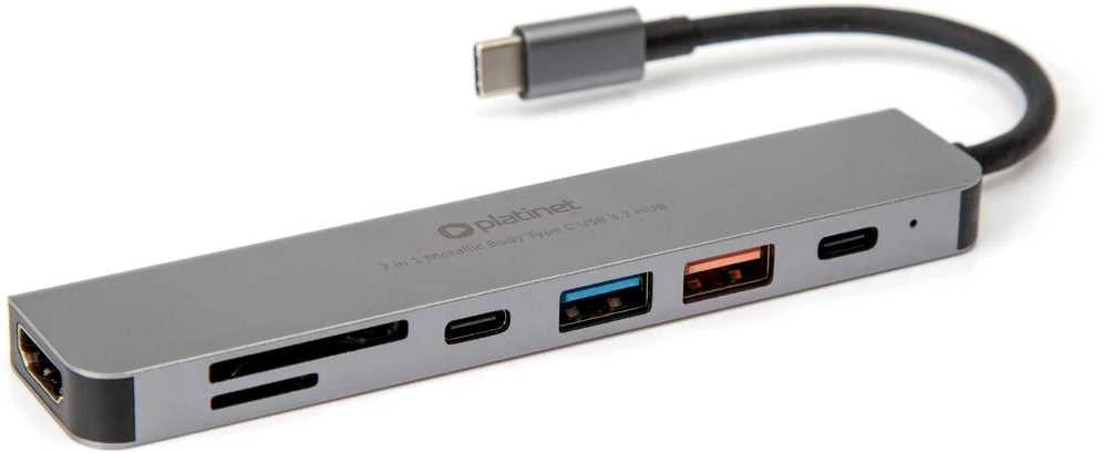Platinet 7in1 USB-C šakotuvas (PMH9997B) (1xHDMI 4K; 1xUSB-C; 2xUSB 3.2; SD MicroSD)