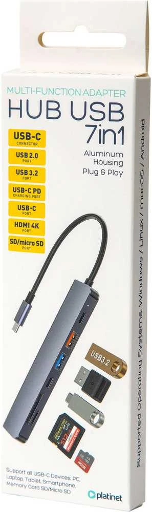 Platinet 7in1 USB-C šakotuvas (PMH9997B) (1xHDMI 4K; 1xUSB-C; 2xUSB 3.2; SD MicroSD)
