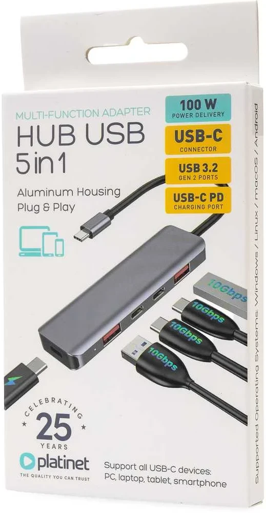 USB adapteris – Platinet daugialypės terpės adapteris 46237, 2x USB 3.2, 2x USB-C 3.2, 100 W PD