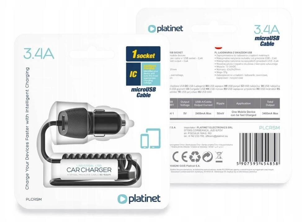 Įkroviklis automobilinis Platinet (PLCRSM) su MicroUSB laidu (1xUSB 3.4A) juodas