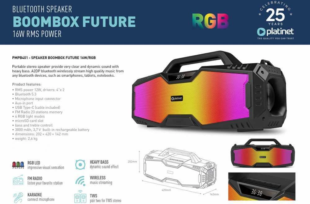 Bluetooth nešiojamas garsiakalbis Platinet (PMPB401) Boombox Future (16W, RGB) juodas