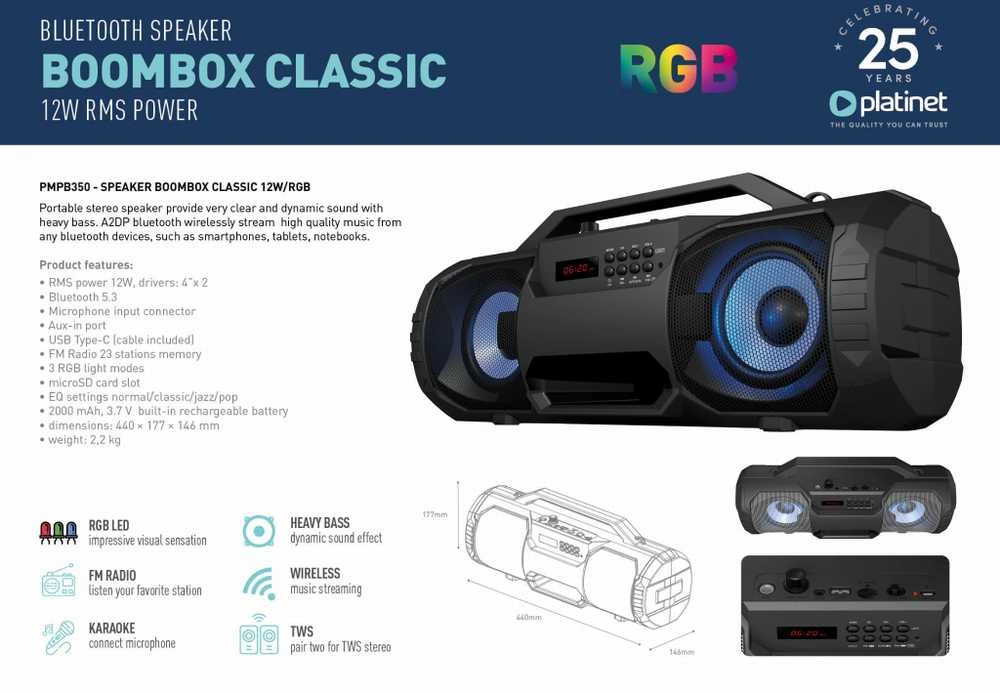 Bluetooth nešiojamas garsiakalbis Platinet (PMPB350) Boombox Classic (12W, RGB) juodas