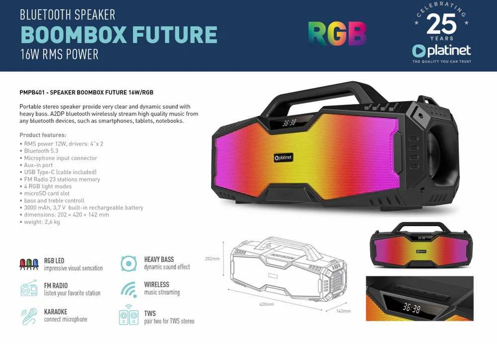 Bluetooth nešiojamas garsiakalbis Platinet (PMPB401) Boombox Future (16W, RGB) juodas