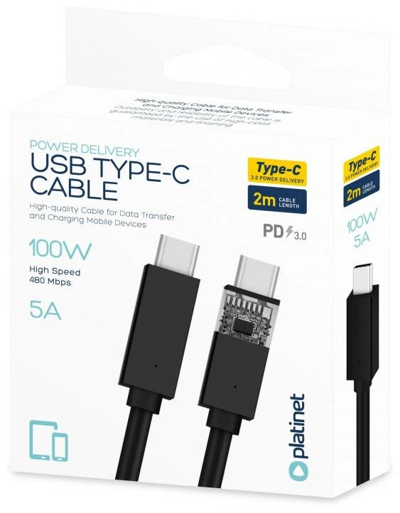 USB kabelis Platinet "USB-C (Type-C) to USB-C (Type-C)" (5A) juodas 2M
