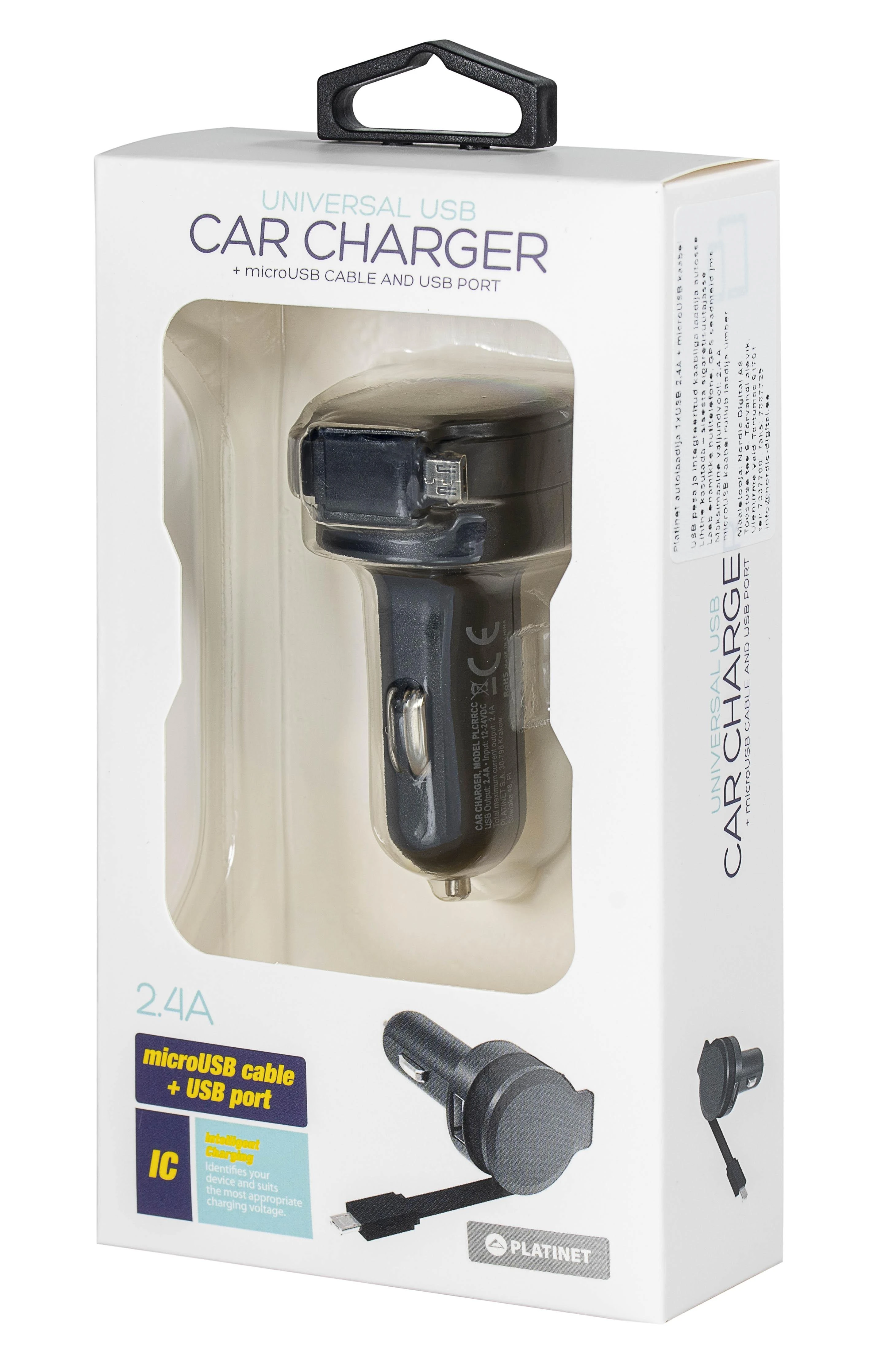 Įkroviklis automobilinis Platinet su MicroUsb laidu (1xUSB 2.4A) juodas