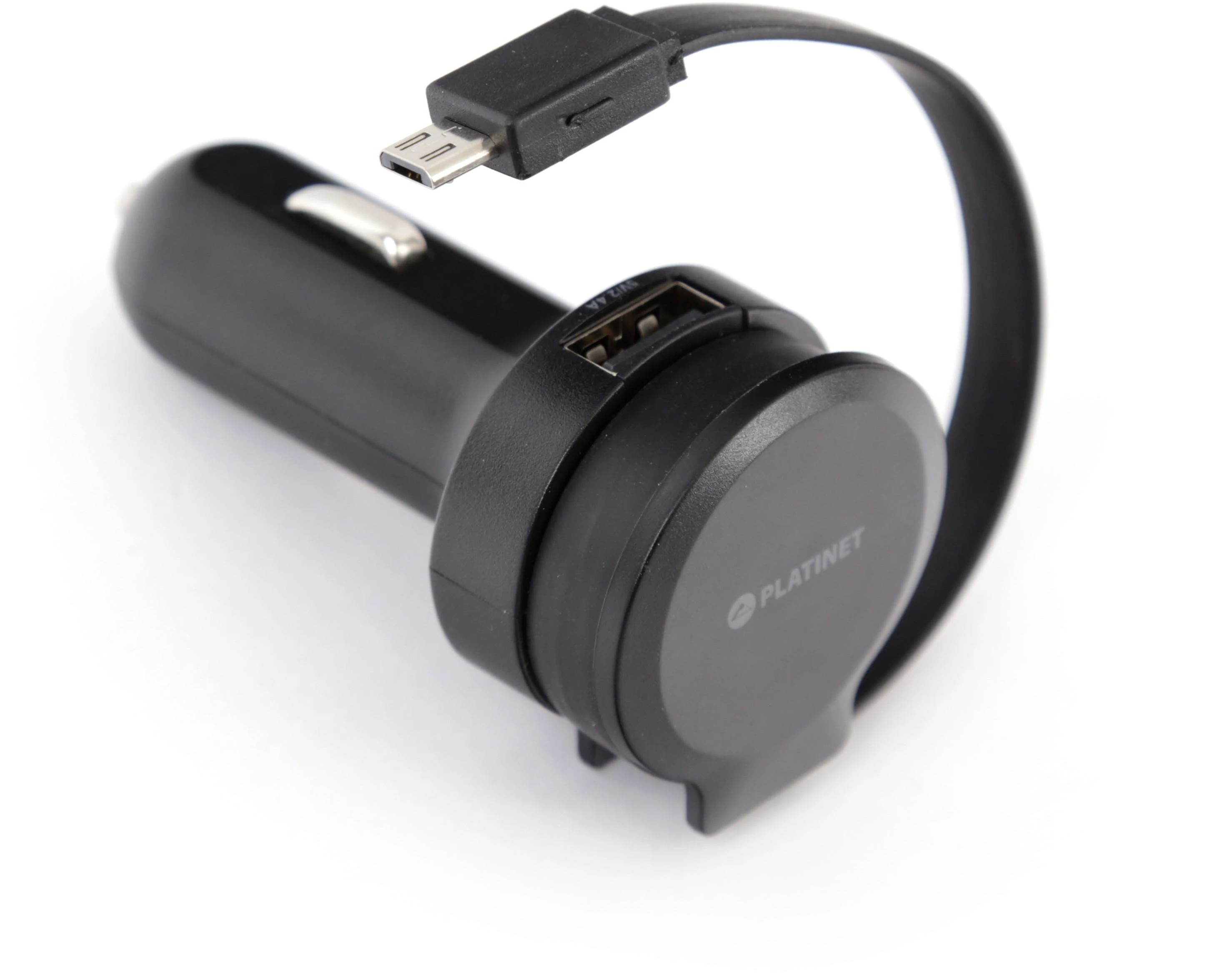 Įkroviklis automobilinis Platinet su MicroUsb laidu (1xUSB 2.4A) juodas