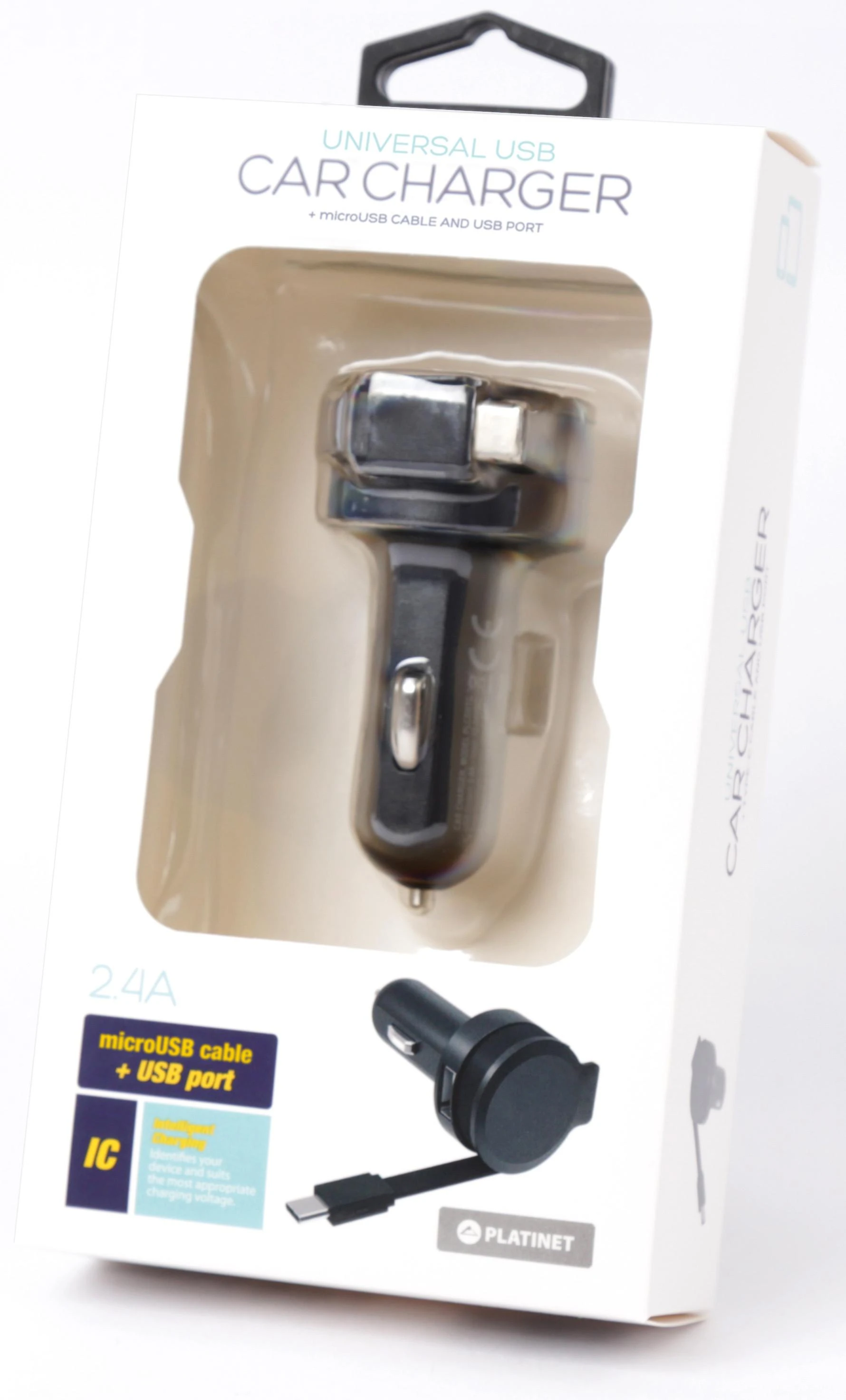 Įkroviklis automobilinis Platinet su MicroUsb laidu (1xUSB 2.4A) juodas