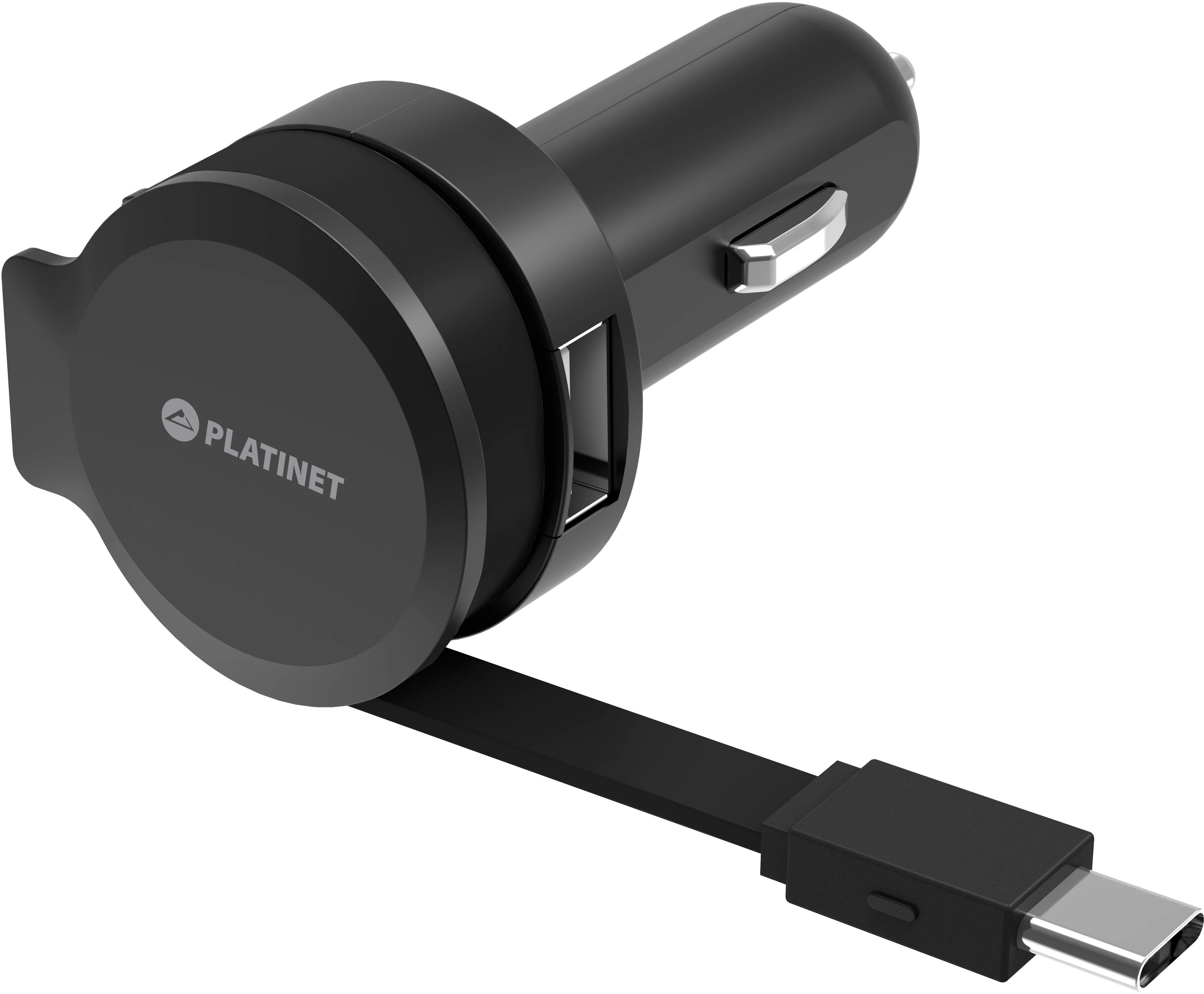 Įkroviklis automobilinis Platinet su Type-C laidu (1xUSB 2.4A) juodas