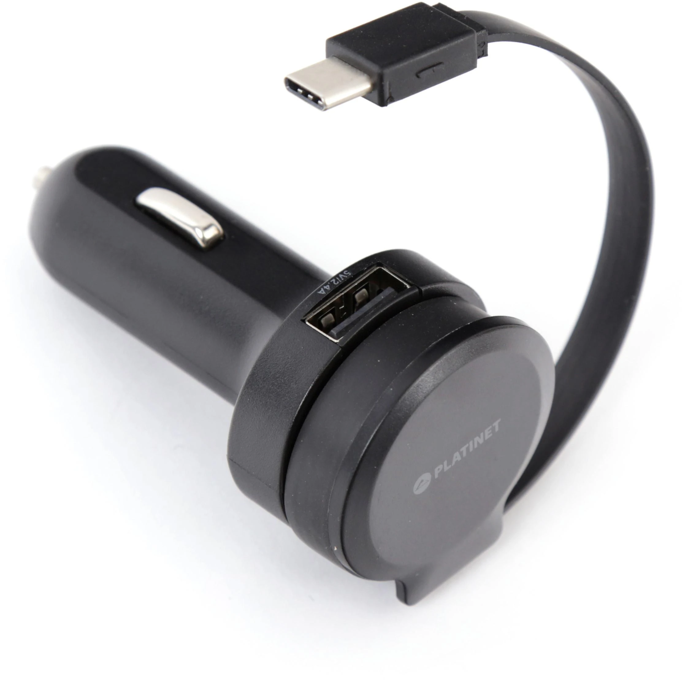 Įkroviklis automobilinis Platinet su Type-C laidu (1xUSB 2.4A) juodas