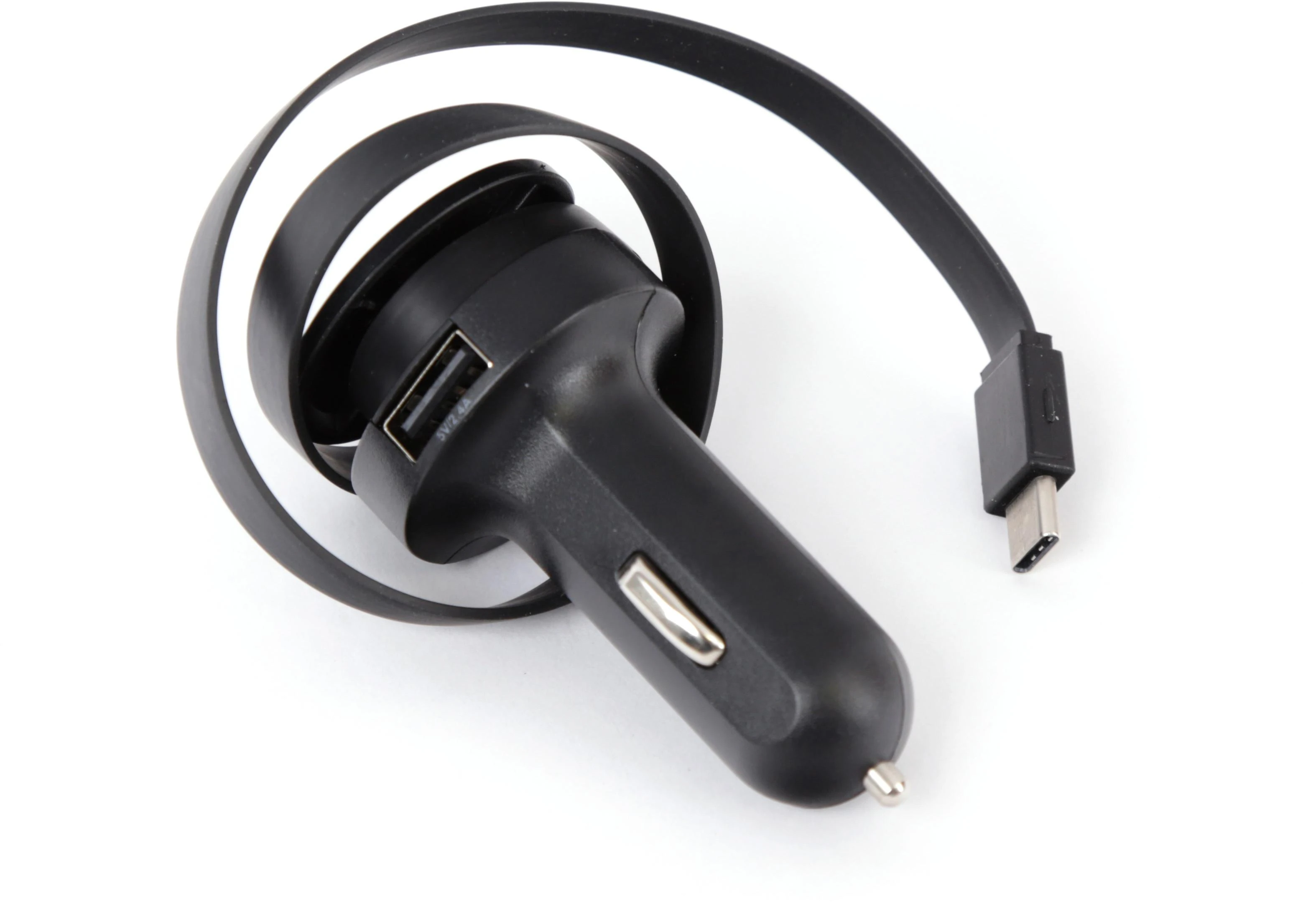 Įkroviklis automobilinis Platinet su Type-C laidu (1xUSB 2.4A) juodas