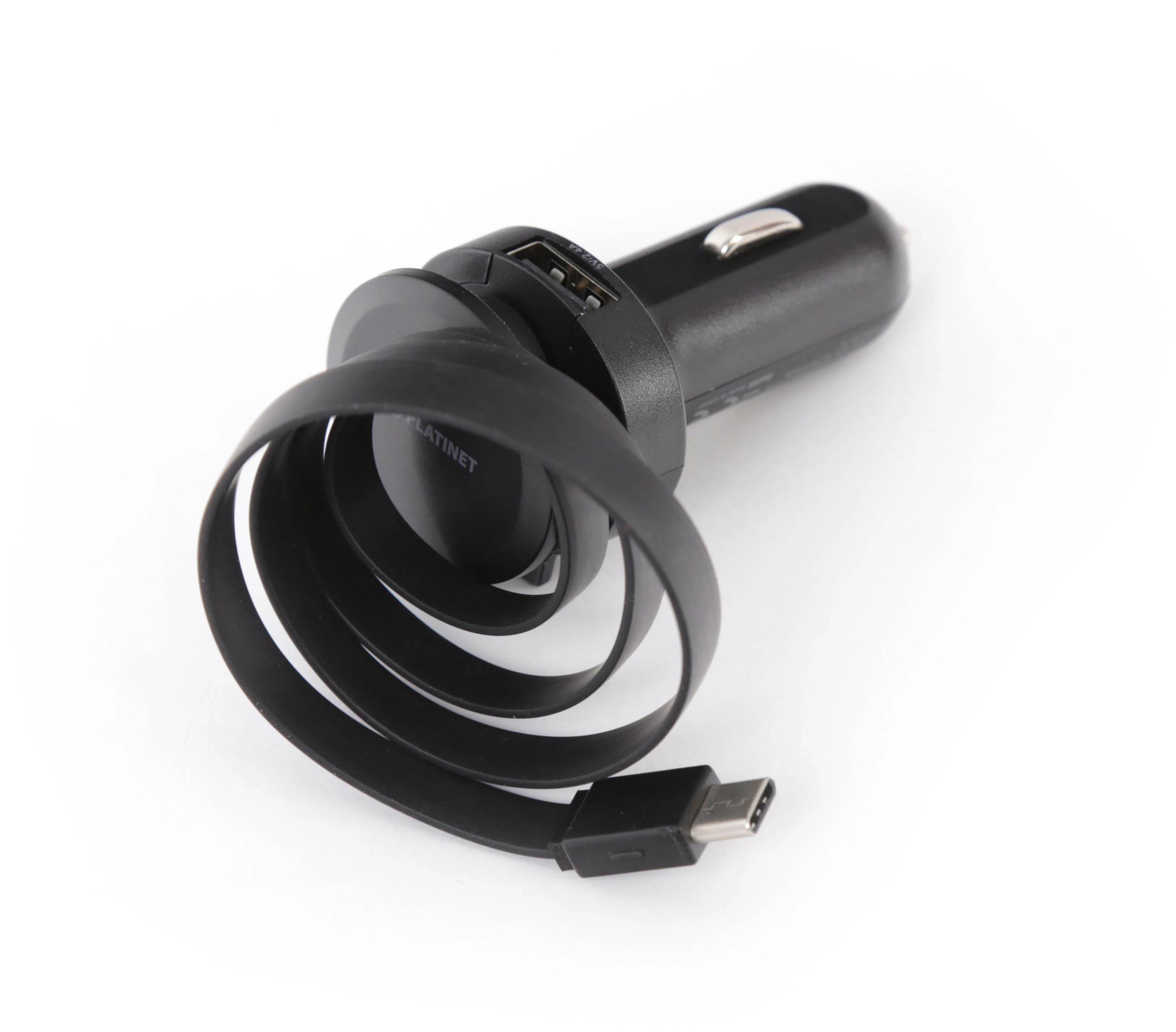 Įkroviklis automobilinis Platinet su Type-C laidu (1xUSB 2.4A) juodas