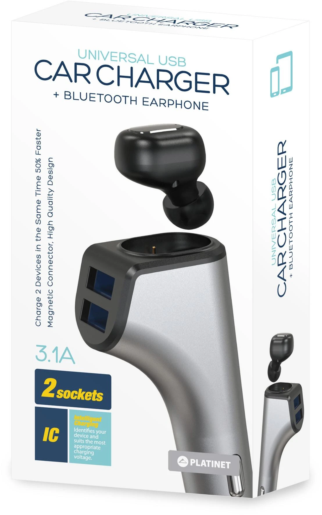 Įkroviklis automobilinis Platinet + Bluetooth ausinė (2xUSB 2.4A)