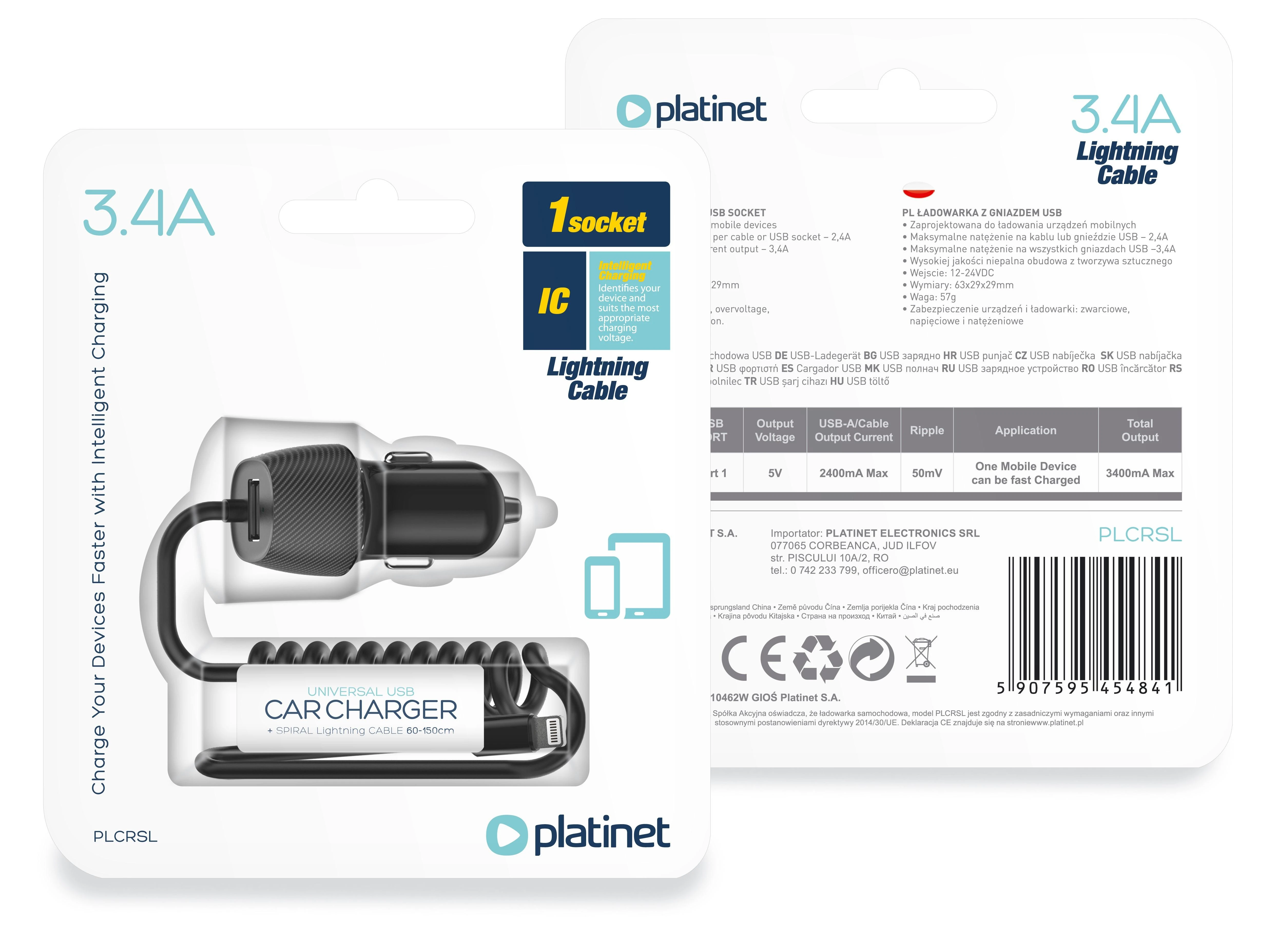 Įkroviklis automobilinis Platinet (PLCRSL) su Lightning laidu (1xUSB 3.4A) juodas
