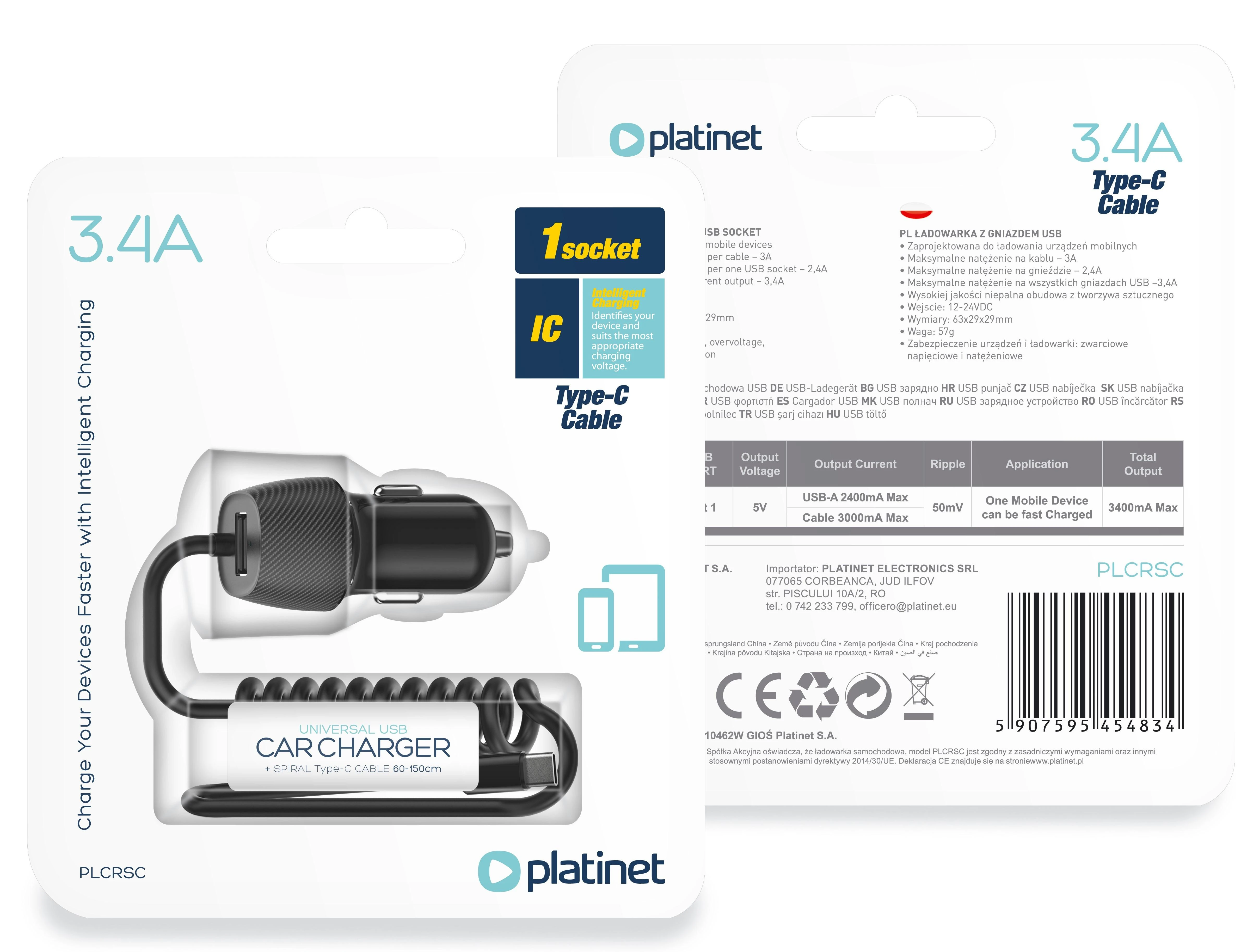 Įkroviklis automobilinis Platinet (PLCRSC) su Type-C laidu (1xUSB 3.4A) juodas