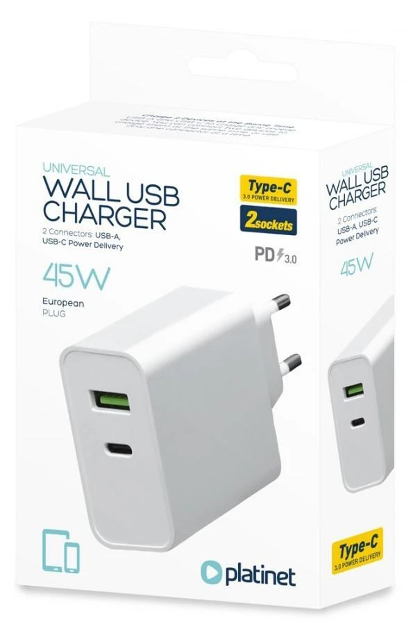 Platinet įkroviklis pakuotėje su USB-C ir USB-A jungtimis