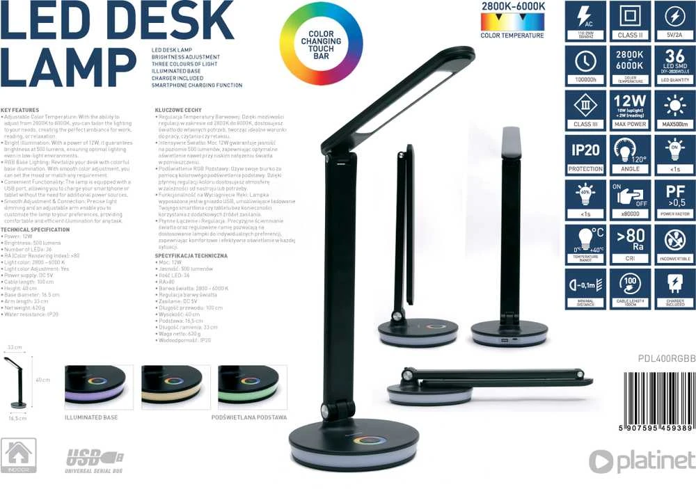 Stalinė lempa Platinet juoda (PDL400RGBB)