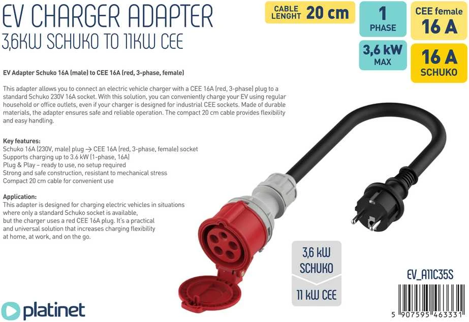 Platinet 20 cm EV adapteris su CEE ir Schuko jungtimis