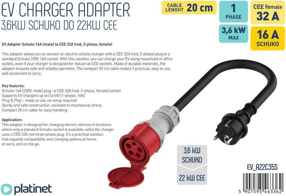 Platinet EV adapteris CEE 32A (F) - Schuko 16A (M) (EV_A22C35S)