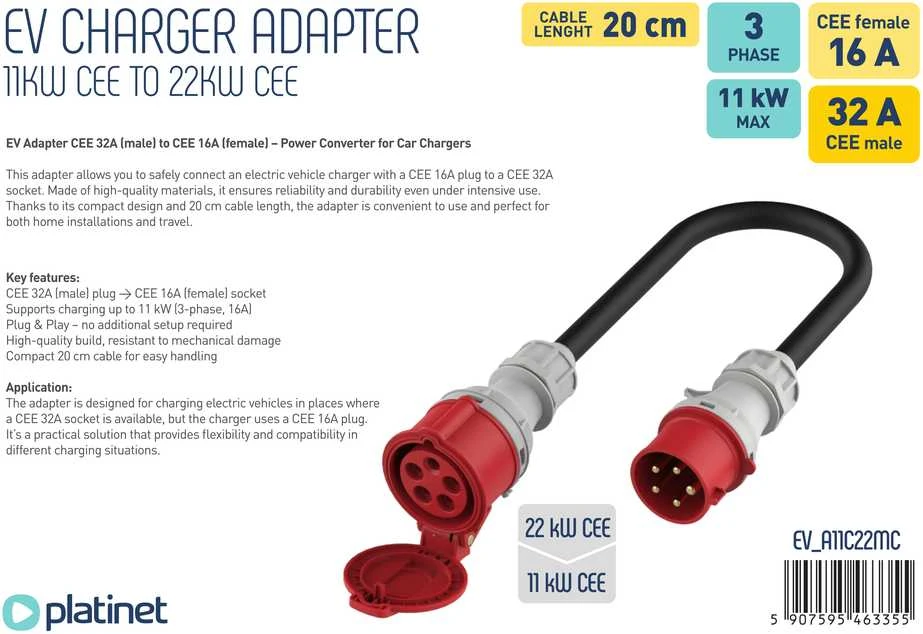 Platinet EV adapterio laidas 16A į 32A su technine informacija