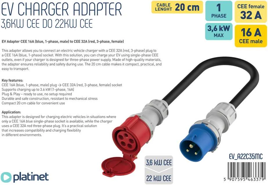 EV adapteris CEE 32A į 16A su technine informacija
