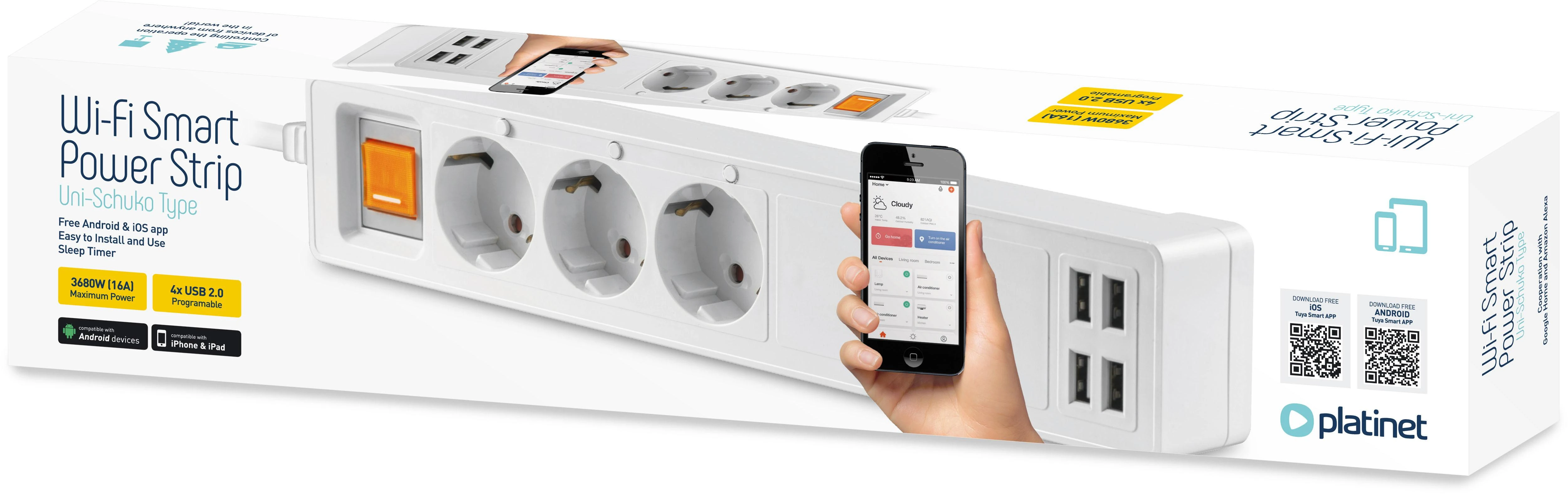 Platinet ilgintuvas 3 lizdai USB WiFi Tuya 1,8m, baltas (45507)