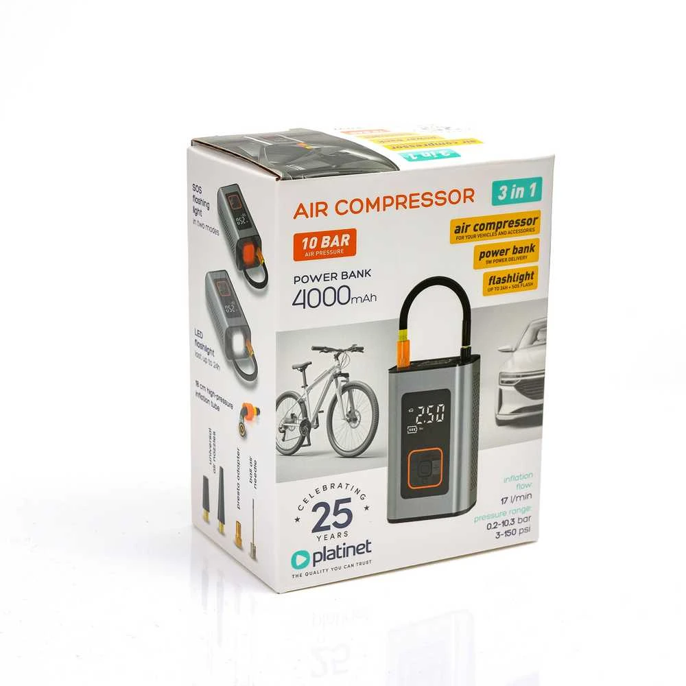 Automobilinis oro kompresorius Platinet 3in1 (4000mAh 10Bar)