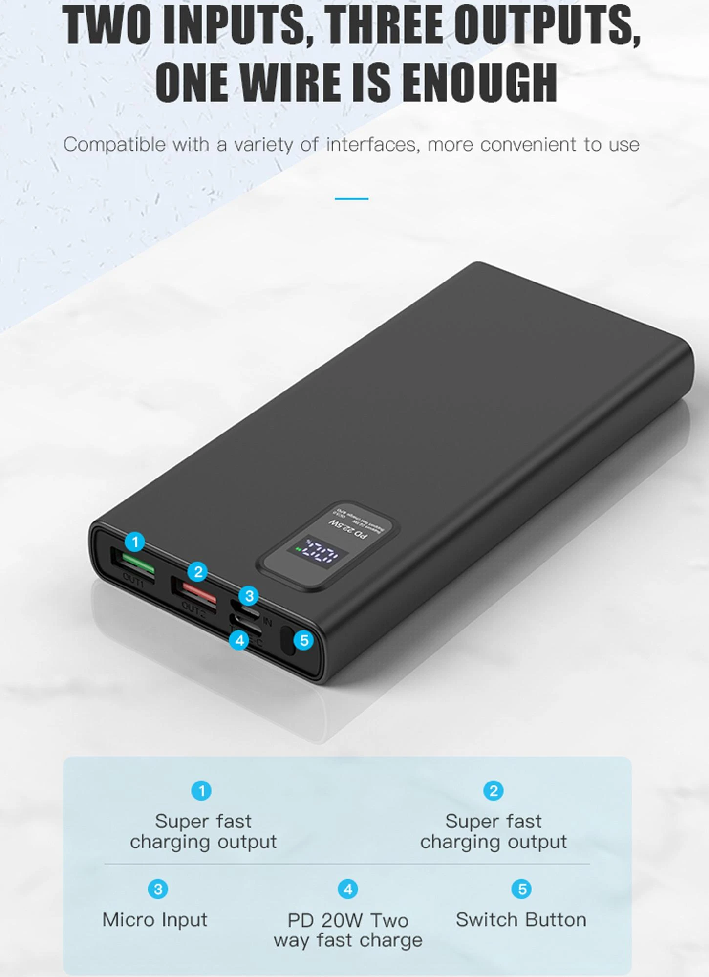 Išorinė baterija POWER BANK Platinet LED 10000mAh (2xUSB; 1xType-C; QC3.0 22,5W) juoda