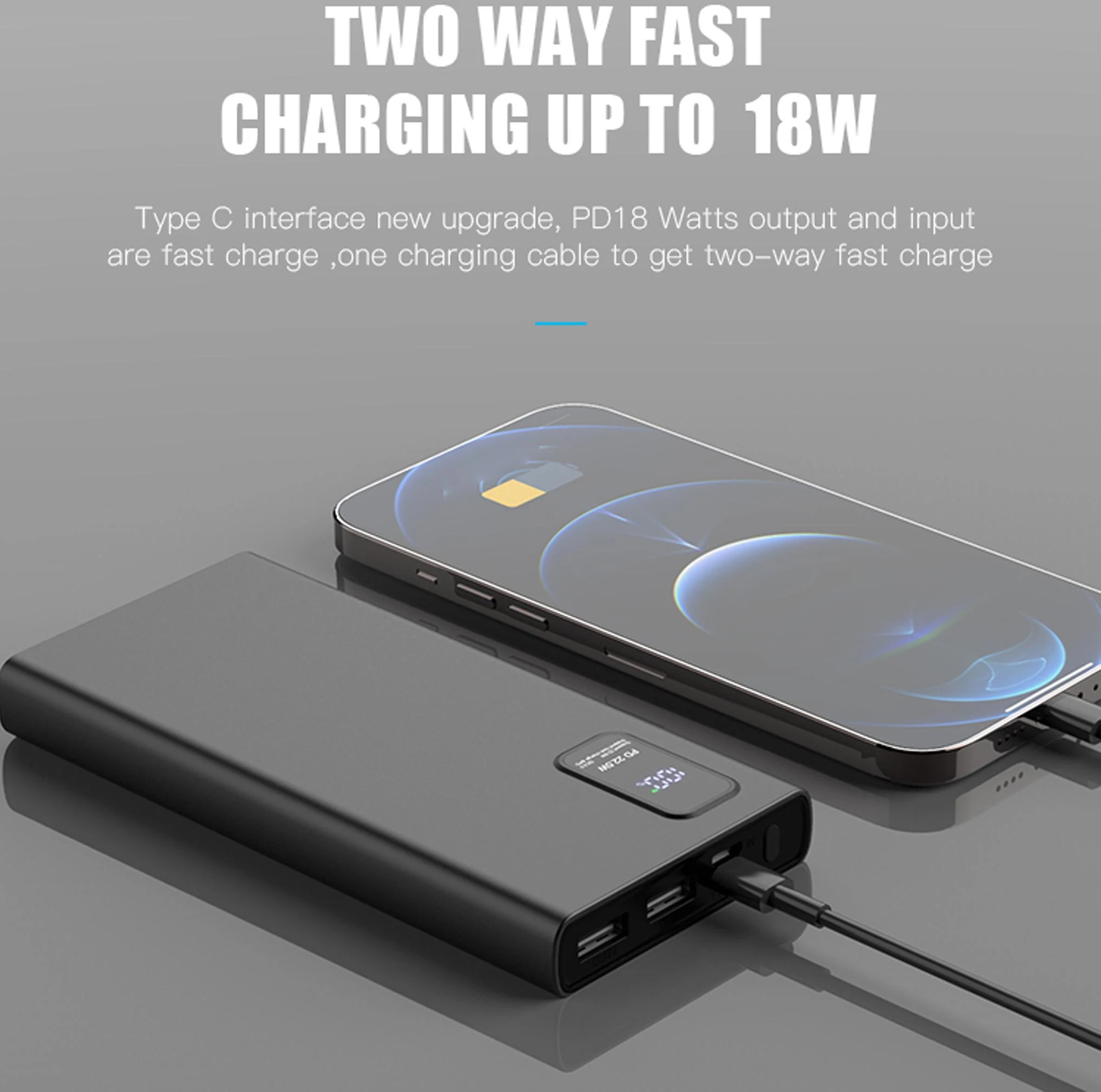 Išorinė baterija POWER BANK Platinet LED 10000mAh (2xUSB; 1xType-C; QC3.0 22,5W) juoda