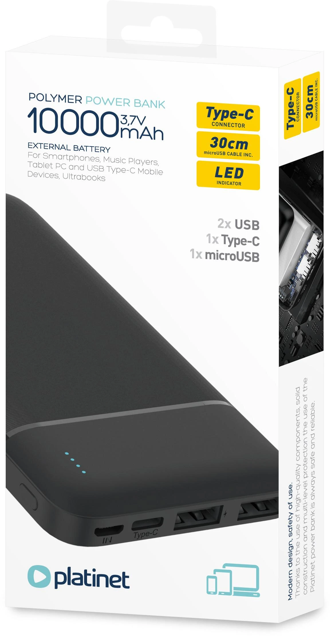 Išorinė baterija PLATINET PMPB10W705, 10000 mAh, baltos sp.
