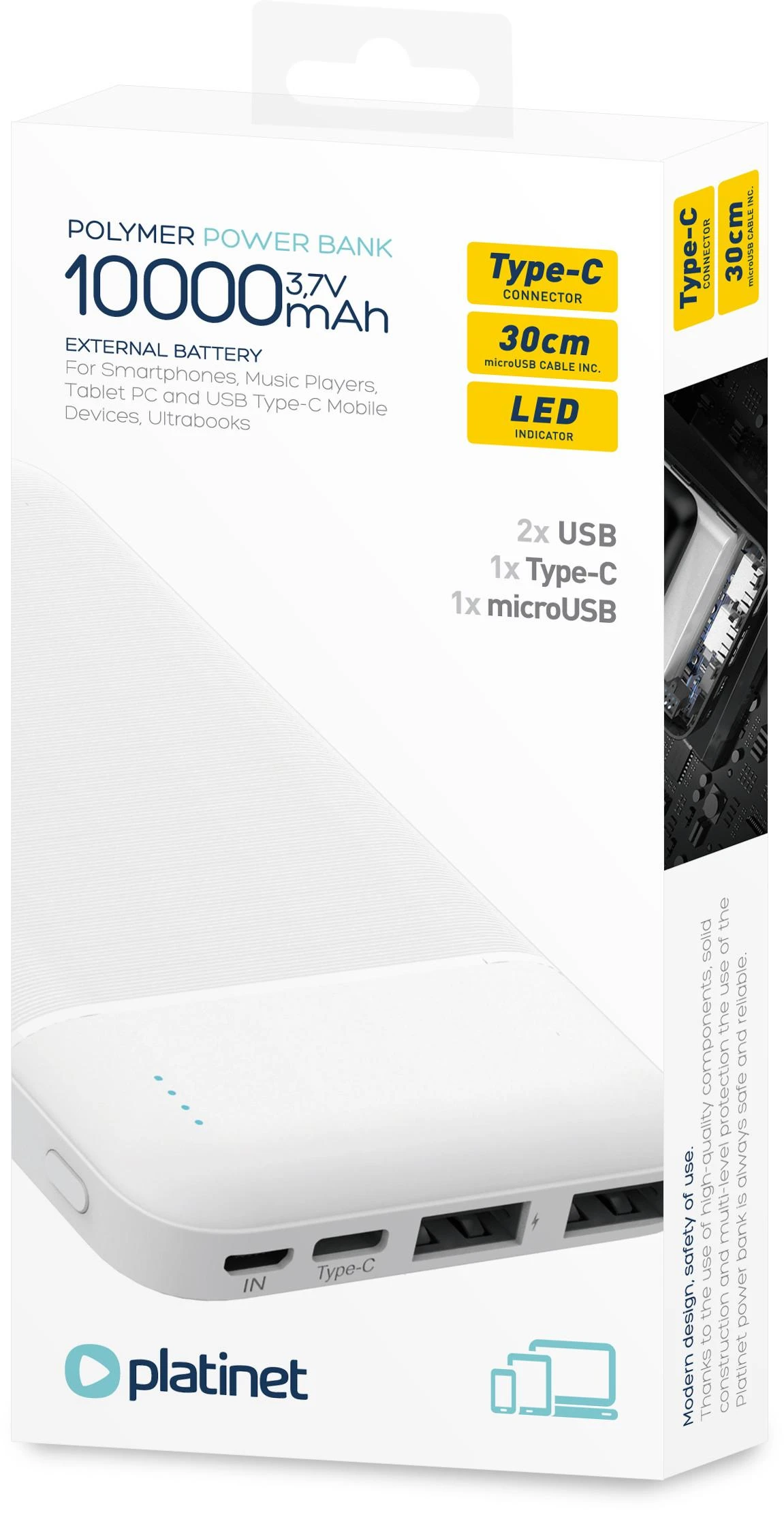 Išorinė baterija PLATINET PMPB10W705, 10000 mAh, baltos sp.