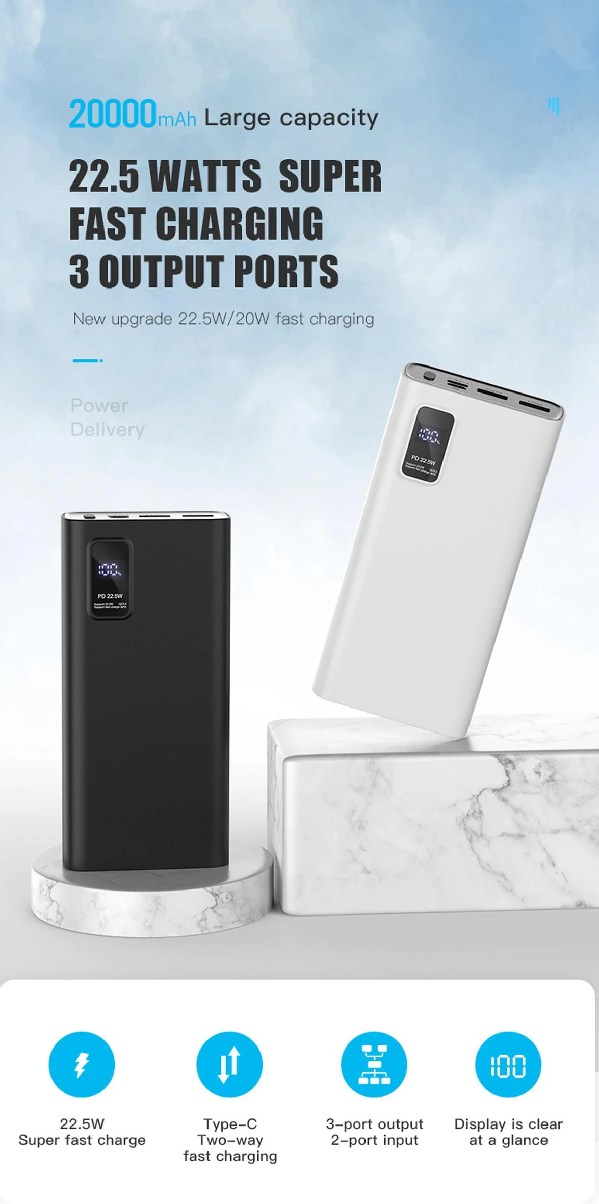 Išorinė baterija POWER BANK Platinet 20000mAh (2xUSB; 1xType-C; QC3.0 22,5W) juoda
