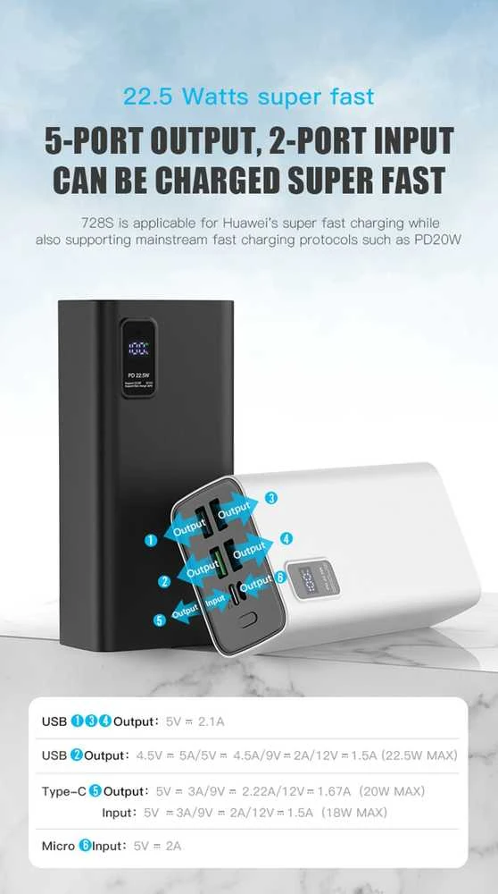 Išorinė baterija POWER BANK Platinet 30000mAh (4xUSB; 1xType-C; QC3.0 22,5W) juoda
