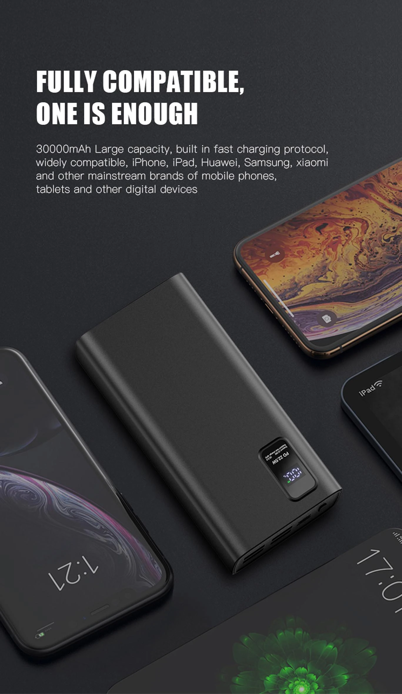 Išorinė baterija POWER BANK Platinet 30000mAh (4xUSB; 1xType-C; QC3.0 22,5W) juoda