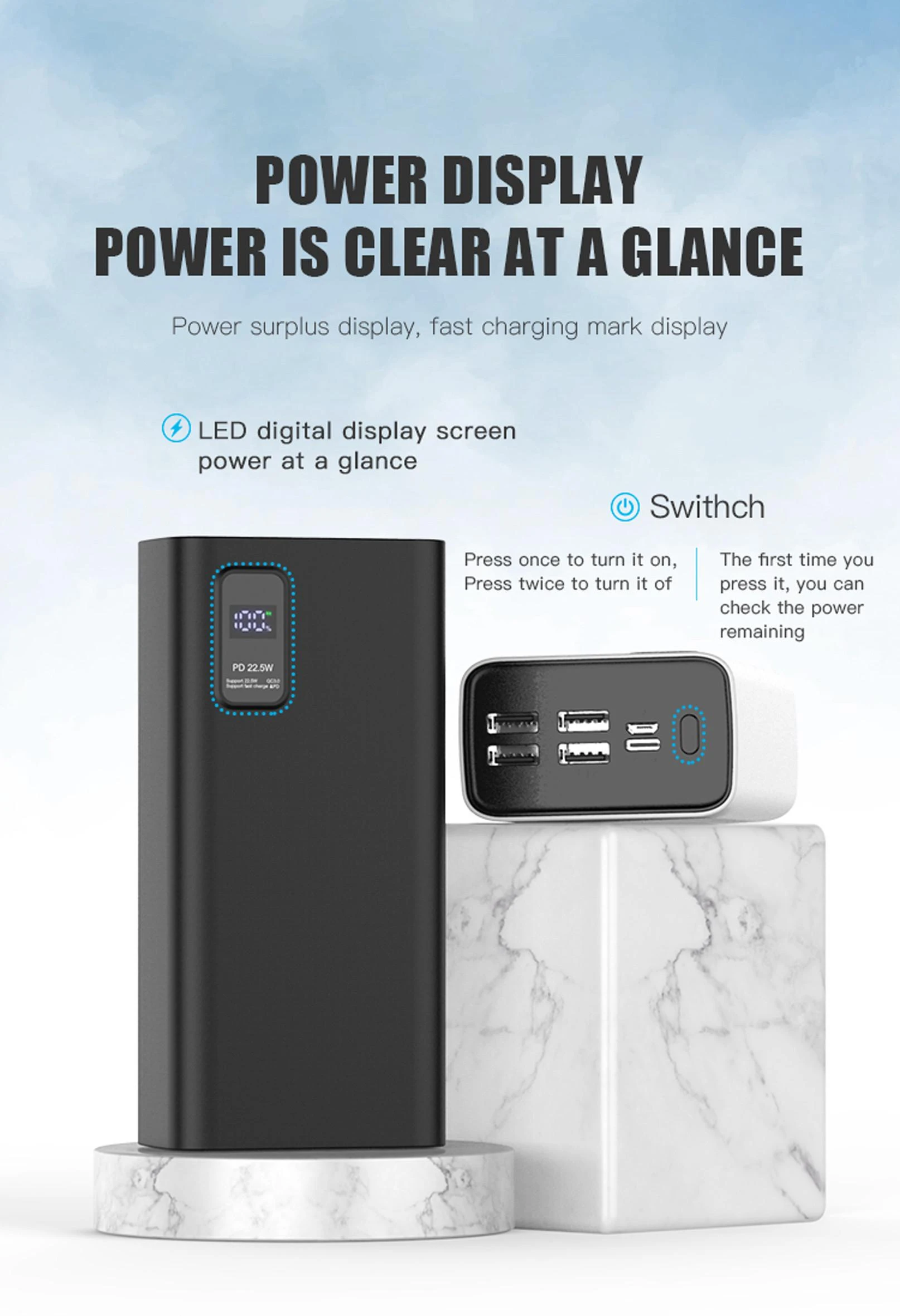 Išorinė baterija POWER BANK Platinet 30000mAh (4xUSB; 1xType-C; QC3.0 22,5W) juoda