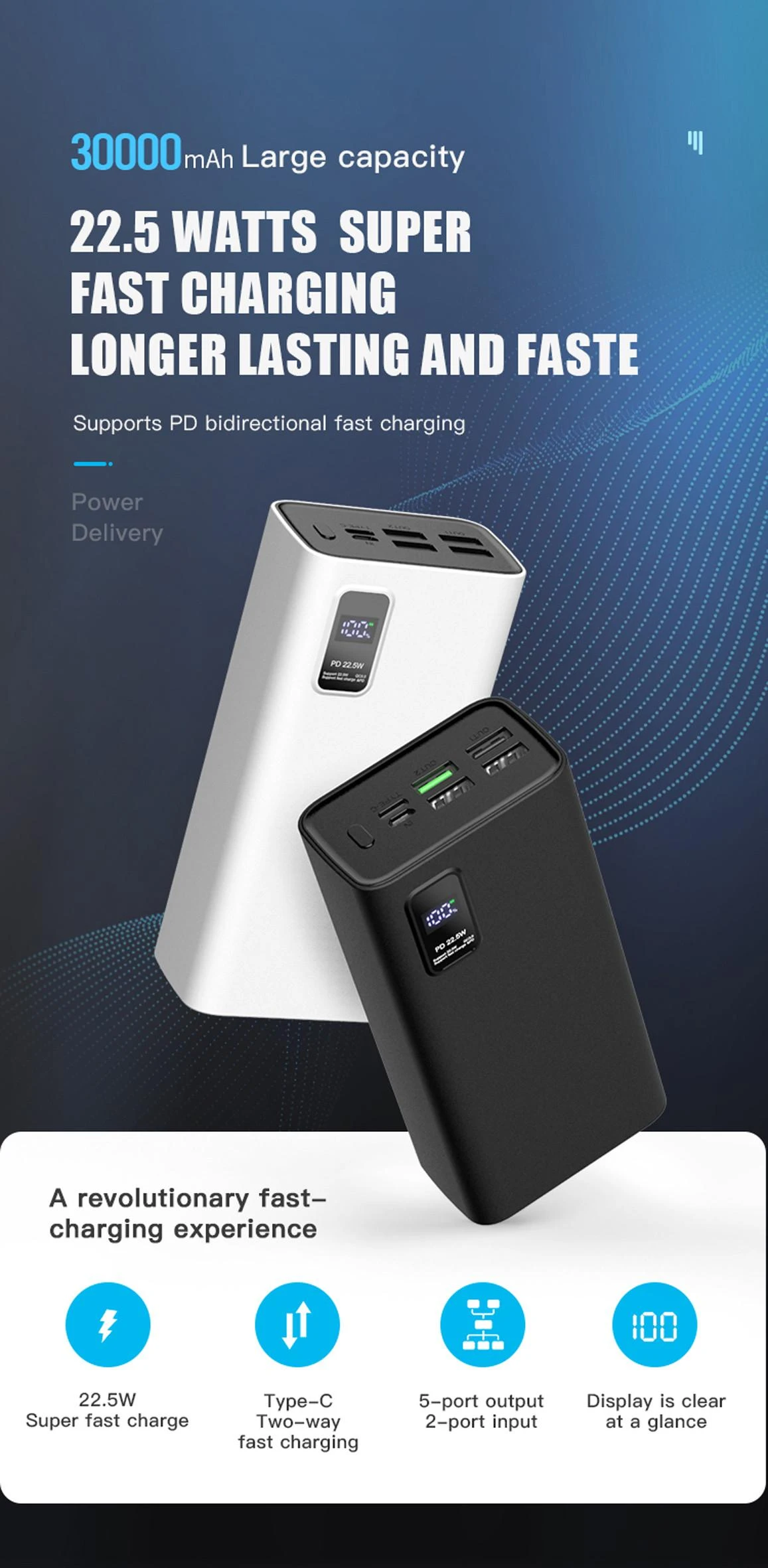 Išorinė baterija POWER BANK Platinet 30000mAh (4xUSB; 1xType-C; QC3.0 22,5W) juoda