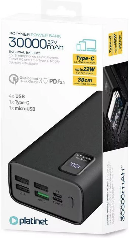 Išorinė baterija POWER BANK Platinet 30000mAh (4xUSB; 1xType-C; QC3.0 22,5W) juoda
