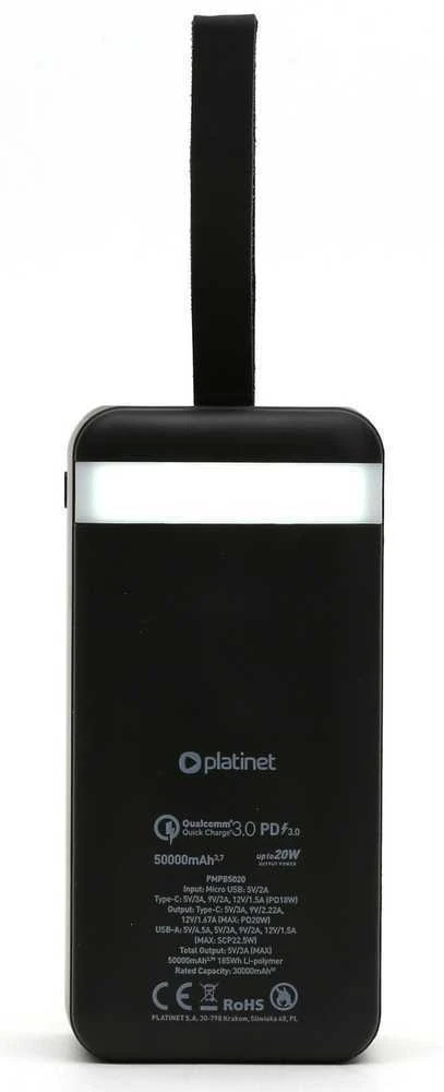 Išorinė baterija POWER BANK Platinet 50000mAh (1xUSB; 1xType-C; QC3.0 20W) juoda