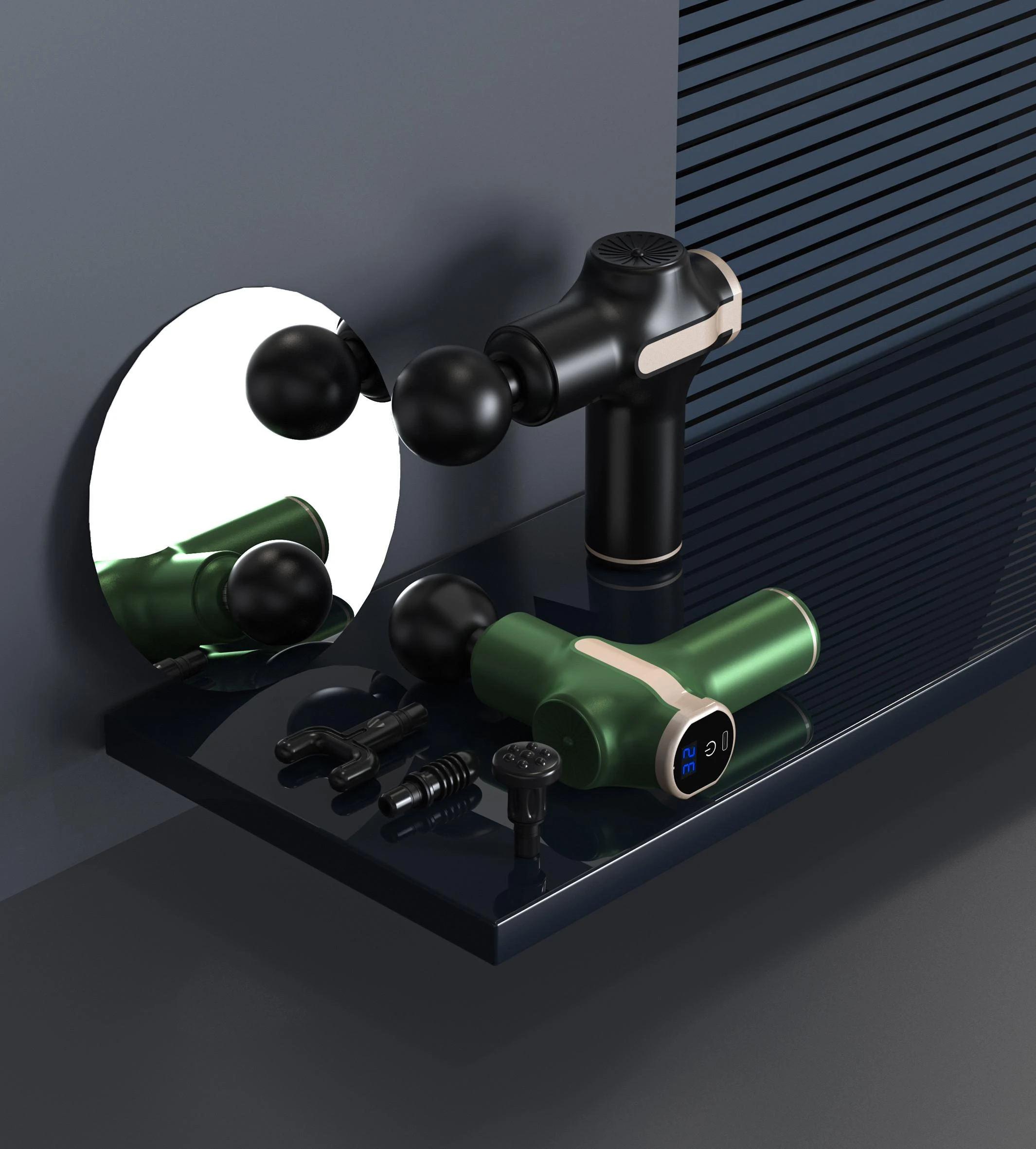 Platinet masažinis pistoletas MINI (25W; 1800mAh; 3200 aps./min.; 5 masažiniai antgaliai)