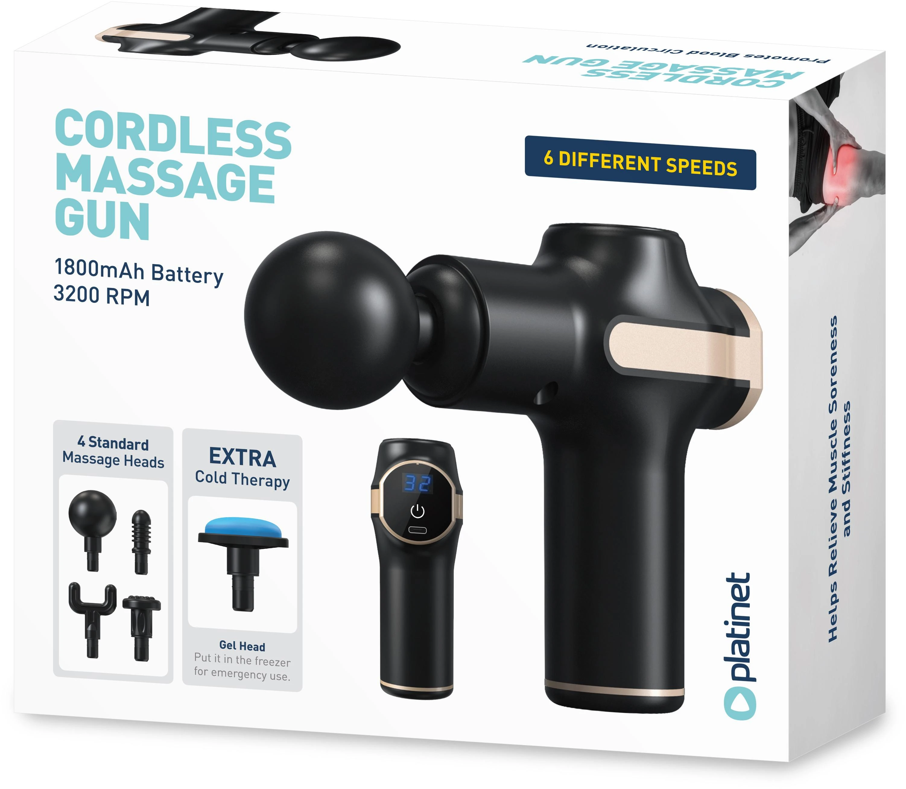 Platinet masažinis pistoletas MINI (25W; 1800mAh; 3200 aps./min.; 5 masažiniai antgaliai)
