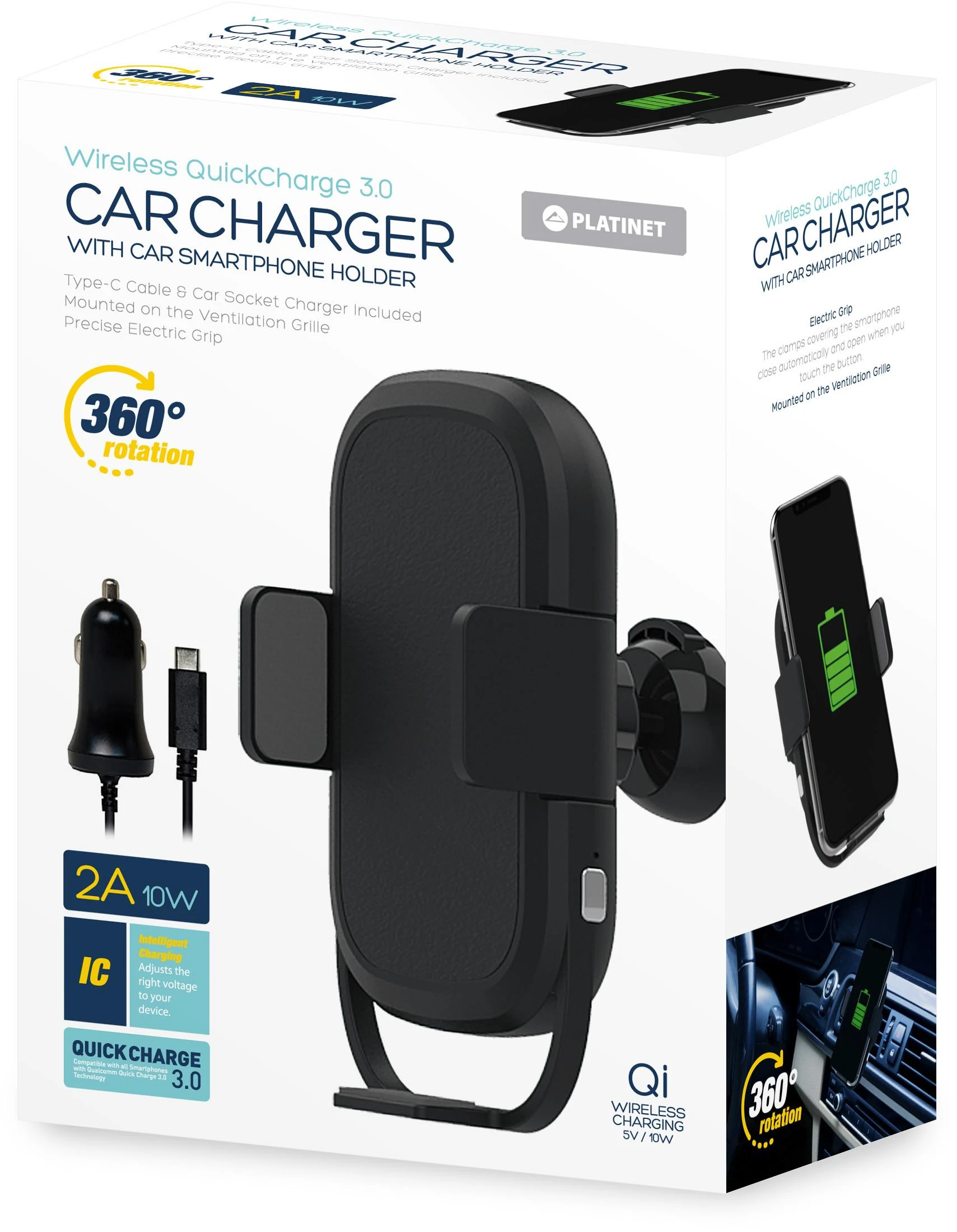 Platinet automobilinis telefono laikiklis ir QI belaidis įkroviklis 2A/10W PUCHWI
