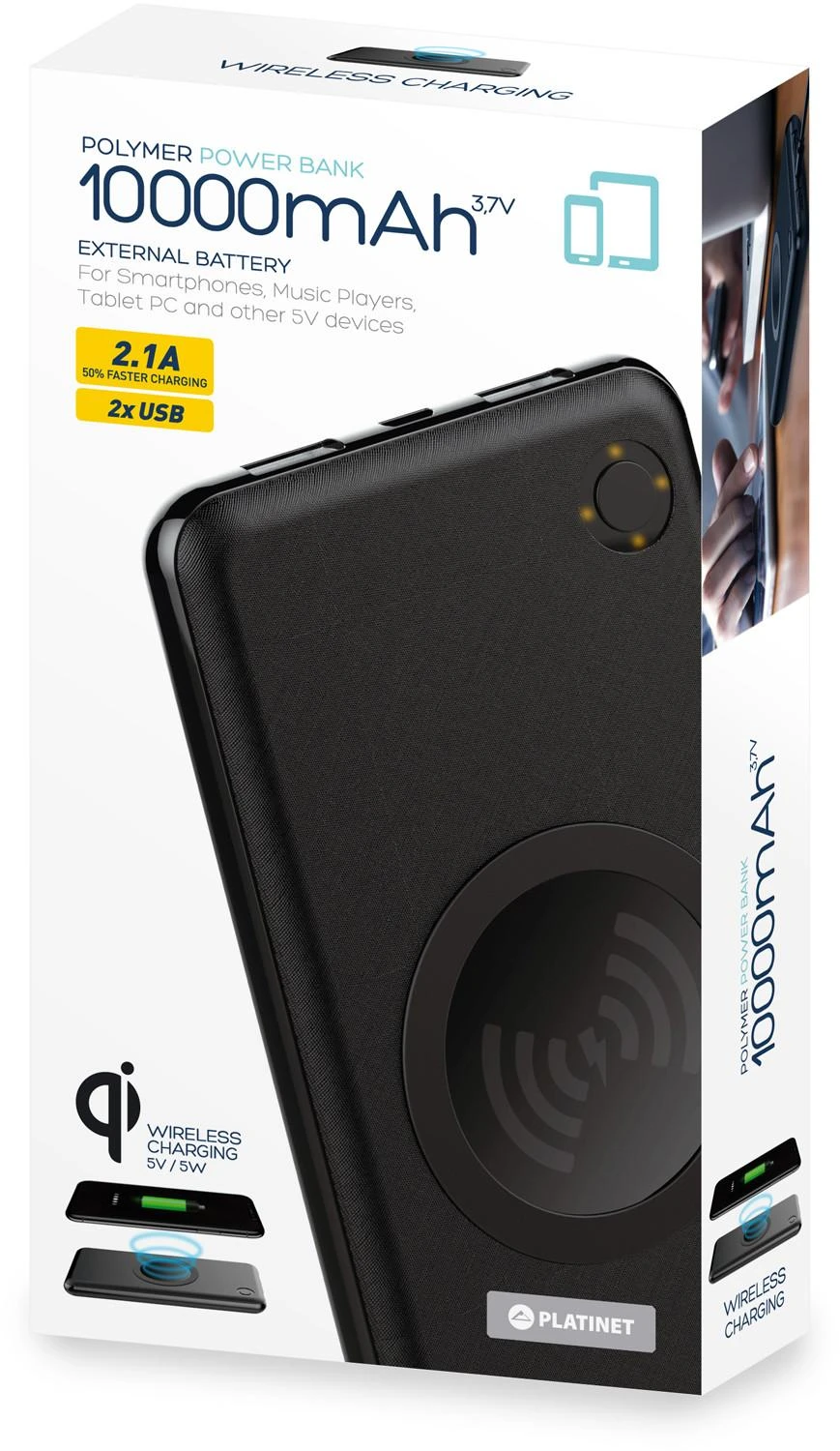 Platinet maitinimo blokas 10000mAh 2xUSB Wireless QI, juodas (44572)