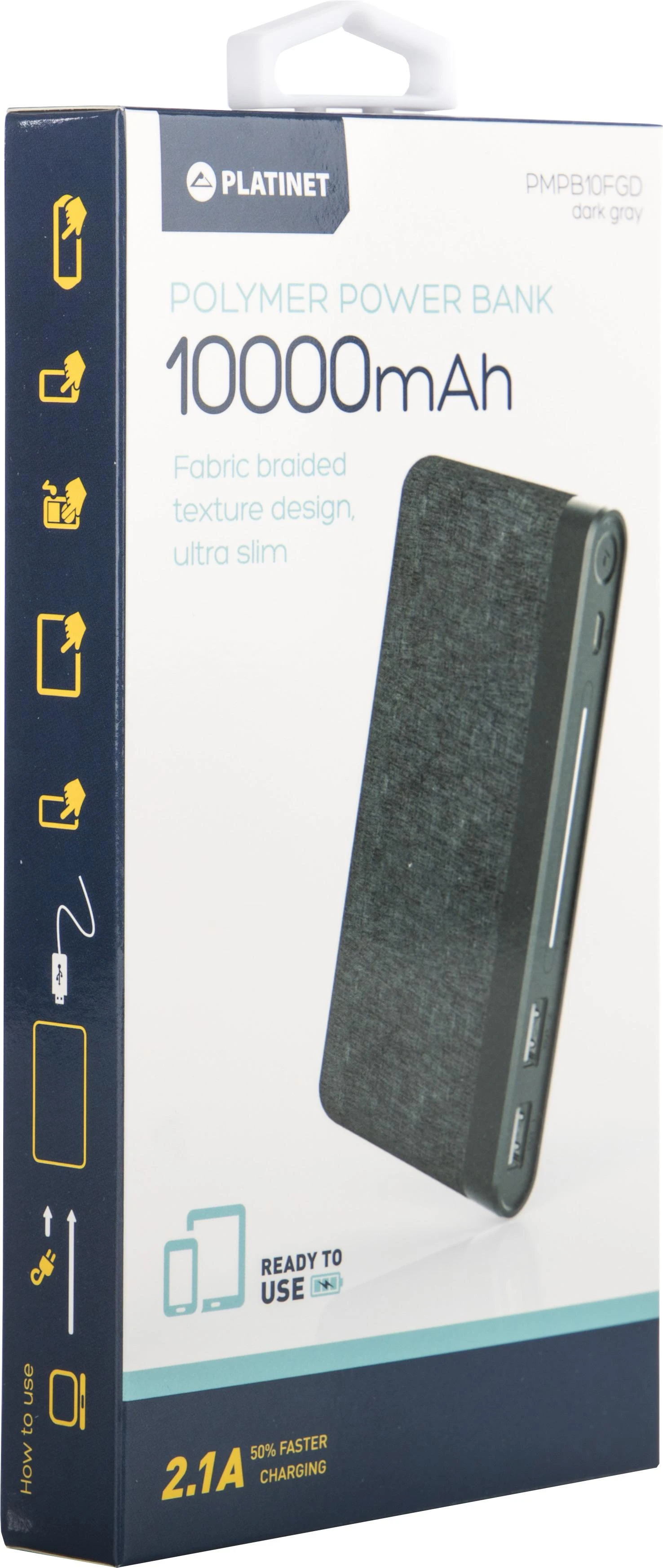 Platinet maitinimo blokas 10000mAh Audinys Braided LiPo 2.1A, tamsiai pilkas (44385)