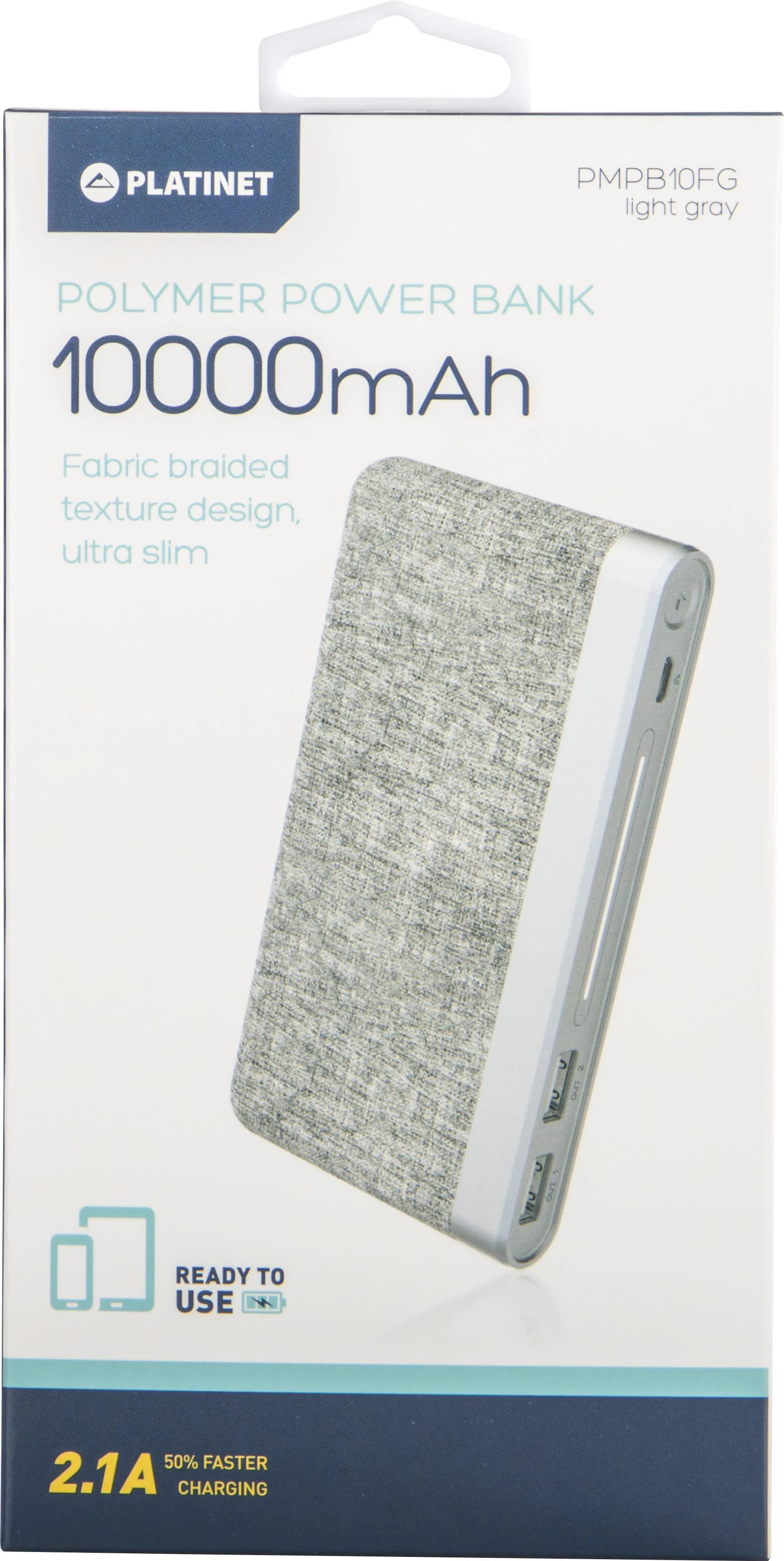 Platinet maitinimo blokas 10000mAh Audinys braided LiPo 2.1A, šviesiai pilkas (44243)