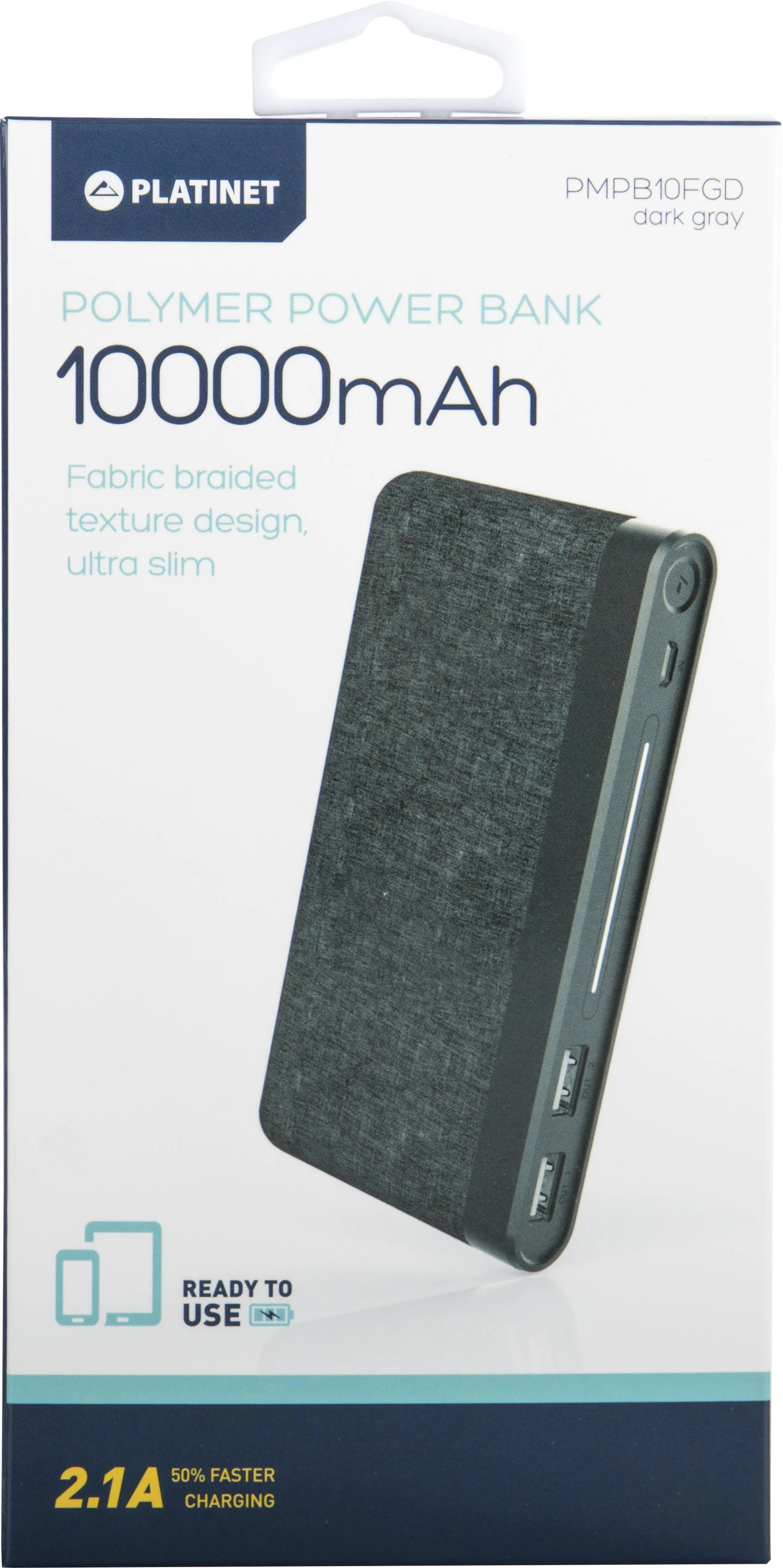 Platinet maitinimo blokas 10000mAh Audinys Braided LiPo 2.1A, tamsiai pilkas (44385)